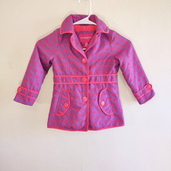Girls 4T London Fog Hooded Jacket Coat Fleece Lined Pockets Purple & Pink Hearts - Picture 5 of 10